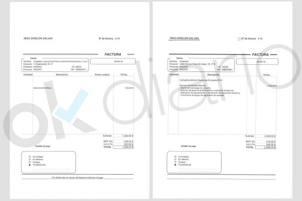 Dos de las facturas que Íñigo Errejón cobró en 2014 por sus servicios de asesoramiento a Podemos.