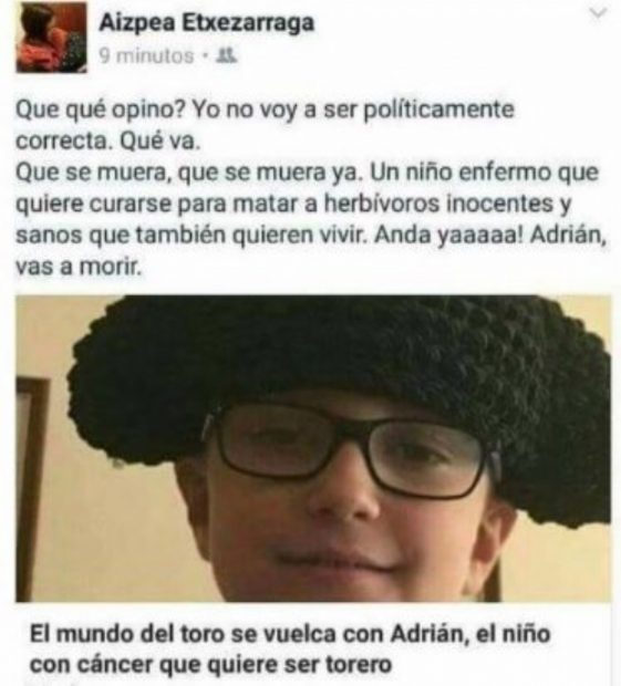 Antitaurinos desean la muerte a un niño de 8 años enfermo de cáncer y aficionado a la fiesta