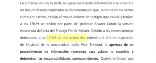 El rector envió el acta falsa a Cifuentes por mail y 19 minutos después abrió la investigación