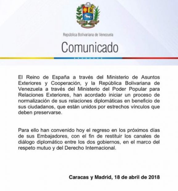 España y Venezuela acuerdan restablecer sus relaciones diplomáticas volver a enviar embajadores