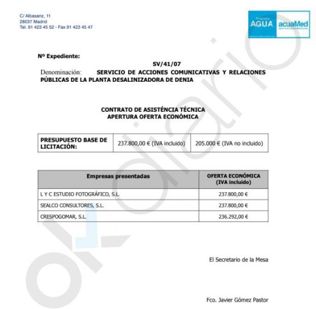 Acuamed preparó el concurso de la Desaladora de Denia para dárselo a Crespo Gomar antes de las elecciones